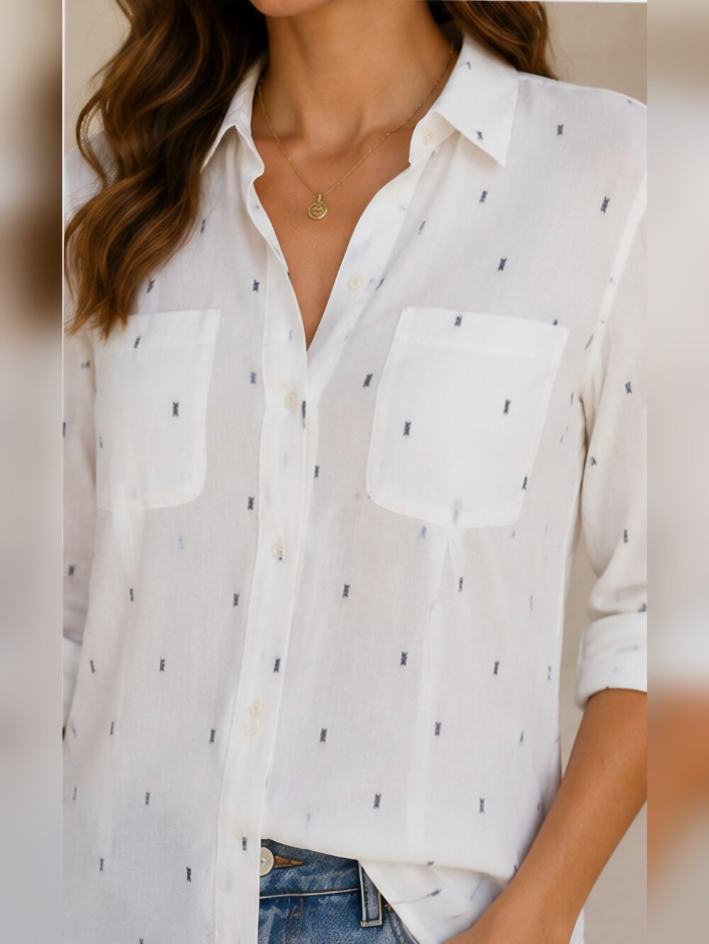 Lord & Taylor Petite White Semi-Sheer Embroidered Button Front Blouse PS